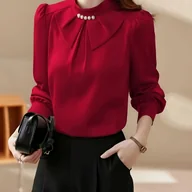 Koszule damskie - TEMU Elegancka czerwona bluzka damską z długim rękawem i detalami perłowymi - stójka, koszula zapinana na guziki na wiosnę/leto/jesień, idealna do - miniaturka - grafika 1