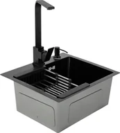 Zlewozmywaki - 10-częściowy zestaw zlewozmywakowy do zabudowy ze stali nierdzewnej 40*45 cm z obrotową baterią kuchenną 360° z rurą spustową i zestawem odpływowym z dozownikiem mydła, czarny - miniaturka - grafika 1