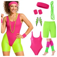 Stroje karnawałowe - Strój zestaw lata 80. neonowy spodenki body frotka - XL - miniaturka - grafika 1