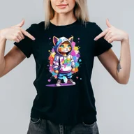 Koszulki i topy damskie - T-Shirt Koszulka czarna z nadrukiem kot kotek graffiti art kolorowy rozmiar M - miniaturka - grafika 1