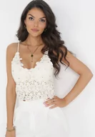 Bluzki damskie - Beżowa Bluzka Top z Koronki na Ramiączkach z Cyrkoniami Letiella - miniaturka - grafika 1