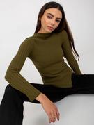 Swetry damskie - Sweter asymetryczny khaki casual dekolt stójka rękaw długi materiał prążkowany - miniaturka - grafika 1