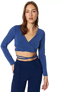 Trendyol Damska odzież wypoczynkowa slim fit bodycon dekolt w serek dzianinowa bluzka koszula, NIEBIESKI, XS - Body - miniaturka - grafika 1