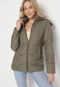 Kurtki damskie - Ciemnozielona Kurtka z Pikowanymi Przeszyciami i Odpinanym Kapturem Felanwen - miniaturka - grafika 1