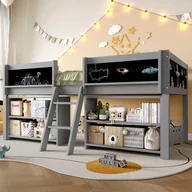 Łóżka dla dzieci i młodzieży - Łóżko średniej wysokości 90 x 200 cm z półkami i drabinką - sosna + płyta MDF - w zestawie stelaż listwowy - szare (bez materaca) - miniaturka - grafika 1