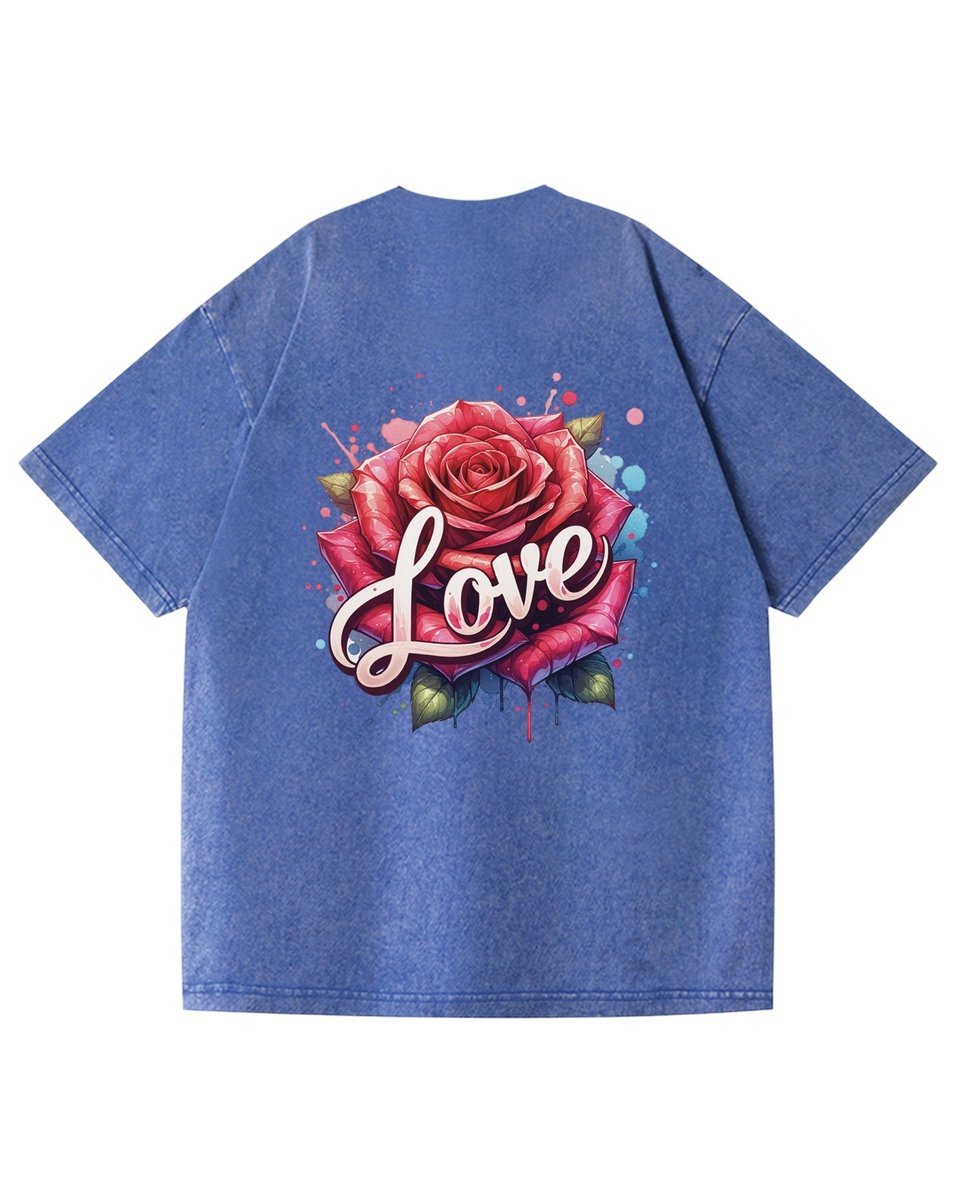 Damska koszulka oversize efekt sprania Miłość Love Kwiaty Róża Niebieska XXL