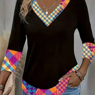 Bluzki damskie - TEMU Stylowa kolorowa bluzka z dekoltem w kształcie litery V dla kobiet - długi rękaw, okrągły dekolt, mieszanka poliestru, czarna z żywymi wzorami - miniaturka - grafika 1