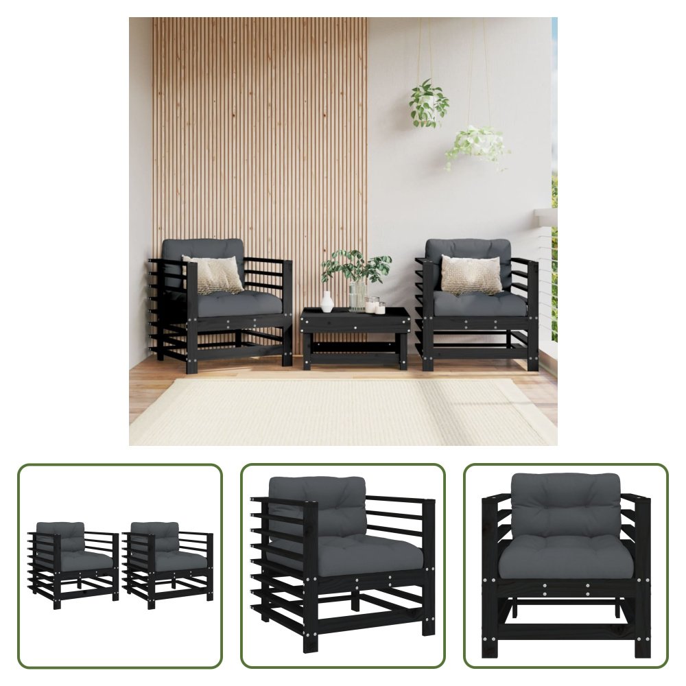 The Living Store Krzesła ogrodowe z poduszką 2 szt. czarne lite drewno sosnowe