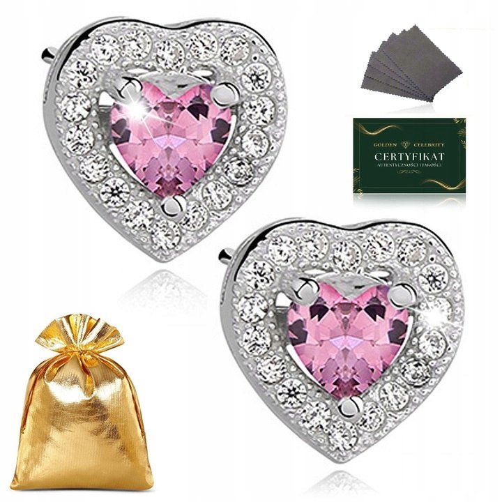Srebrne Kolczyki Damskie Serca Z Cyrkoniami / Różowe Pr.925 Dla Dziewczyny