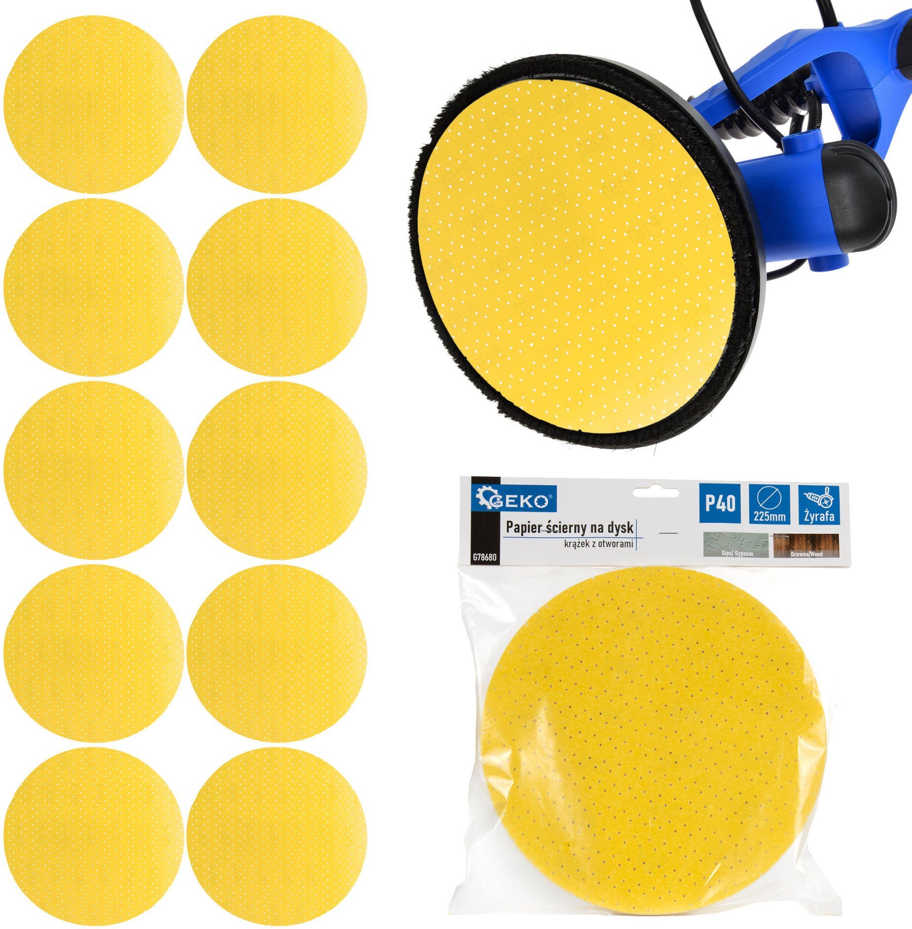 Geko Papier ścierny na dysk – krążek z otworami 225mm P40 /żyrafa/ 10/100/500