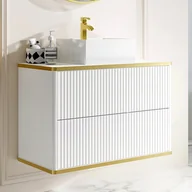 Szafki łazienkowe - Szafka łazienkowa wisząca ryflowana ze złotą listwą z umywalką nablatową - Biały - 80 cm - KELIZA - miniaturka - grafika 1