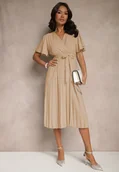Sukienki - Ciemnobeżowa Sukienka Wiązana w Talii z Plisowaniem na Dole Dorseki - miniaturka - grafika 1