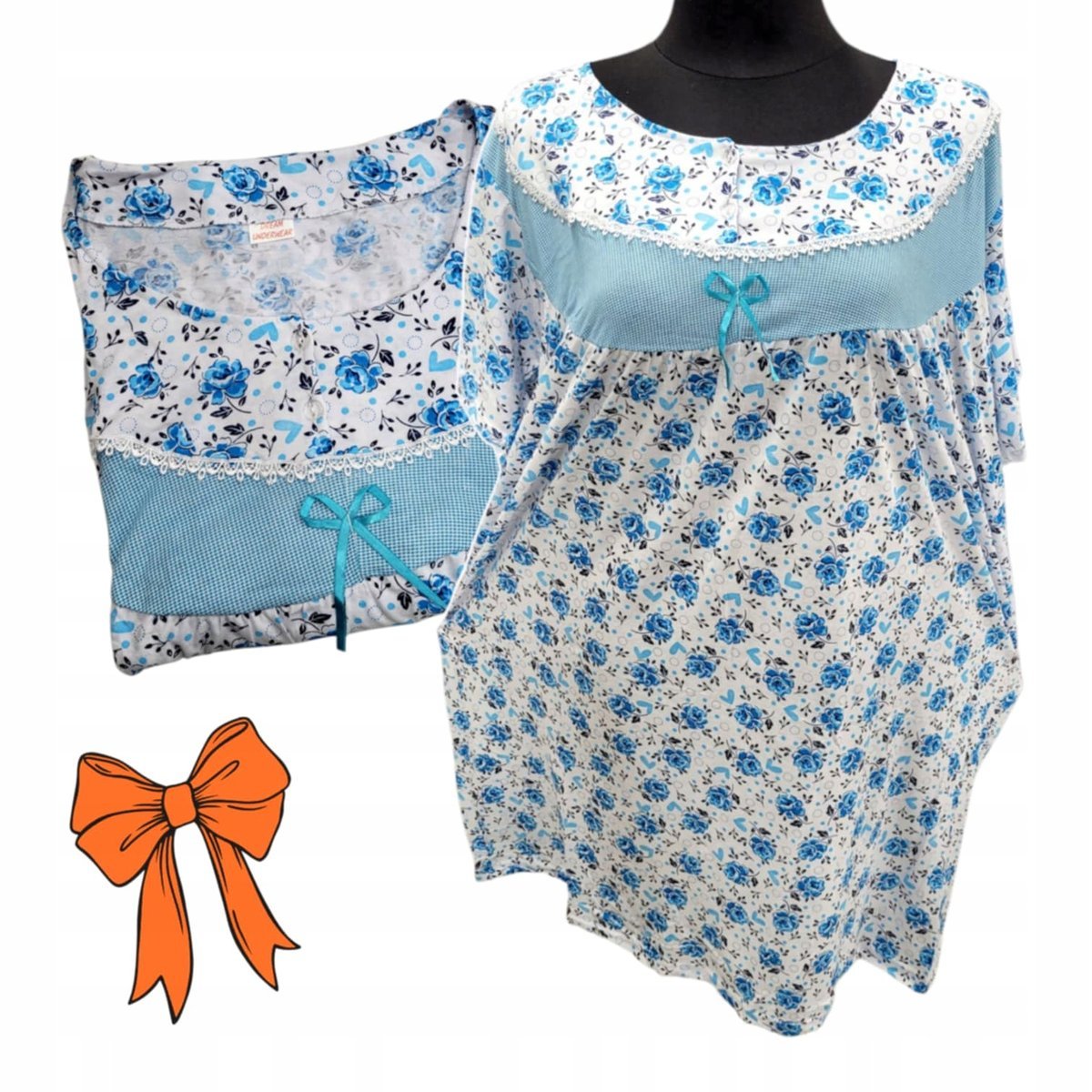 KOSZULA NOCNA BAWEŁNA RÓŻA KWIAT prezent krótki rękaw błękit 50 52 5XL 6XL