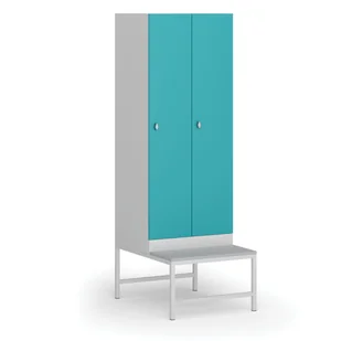 Szafka ubraniowa z ławką, 2-drzwiowa, 1875 x 600 x 500/800 mm, zamek obrotowy, drzwi zielone - Szafki biurowe - miniaturka - grafika 1