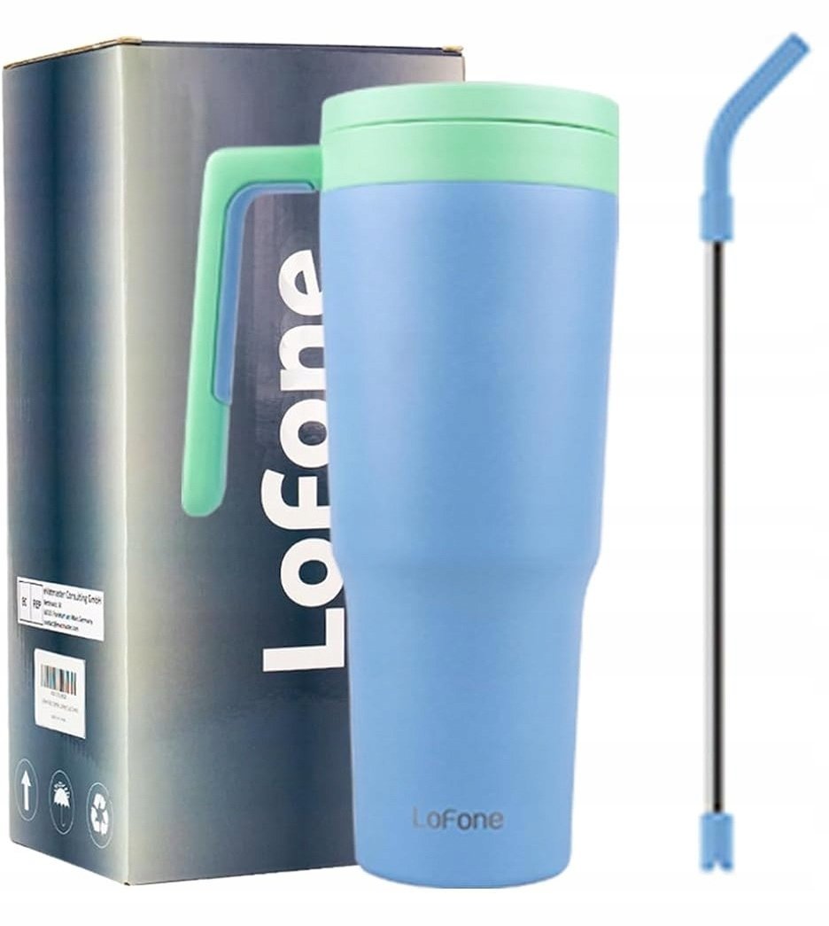 Kubek termiczny LoFone 1180 ml z słomką uchwytem i pokrywą stal nierdzewna