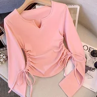 Bluzki damskie - TEMU Elegancka Damska Koszulka z Długim Rękawem i Dekoltem w Serek - Jednokolorowy, Elastyczny Pulower, Casualowy Top na Każdą Porę Roku, Jasnoszary, - miniaturka - grafika 1