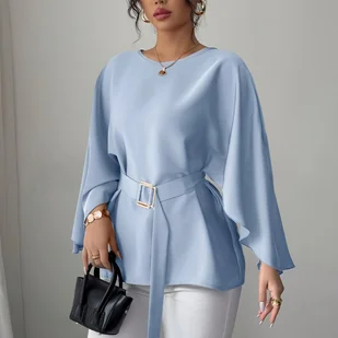 TEMU Elegancka Zielona Bluza z Długim Rękawem i Paskiem - Szykowny Okrągły Dekolt, Rozcięty Dołek, Luźny Krój dla Kobiet - Idealna na /Jesienną - Koszule damskie - miniaturka - grafika 1