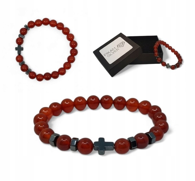 Bransoletka Z Kamieni Naturalnych 8mm Czerwony Agat Hematyt Z Krzyżykiem