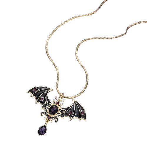 Gotycki Naszyjnik z Wisiorkiem Nietoperza Złoty z Fioletowymi Kamieniami