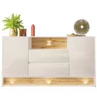 Komody - Biała komoda Image 160 cm, 2 szuflady, 2 drzwi, z wstawką dąb wotan i oświetleniem LED - miniaturka - grafika 1