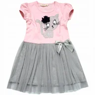 Sukienki - Sukienka TIULOWA Srebrny KOTEK Rękawek RÓŻ 104 - miniaturka - grafika 1