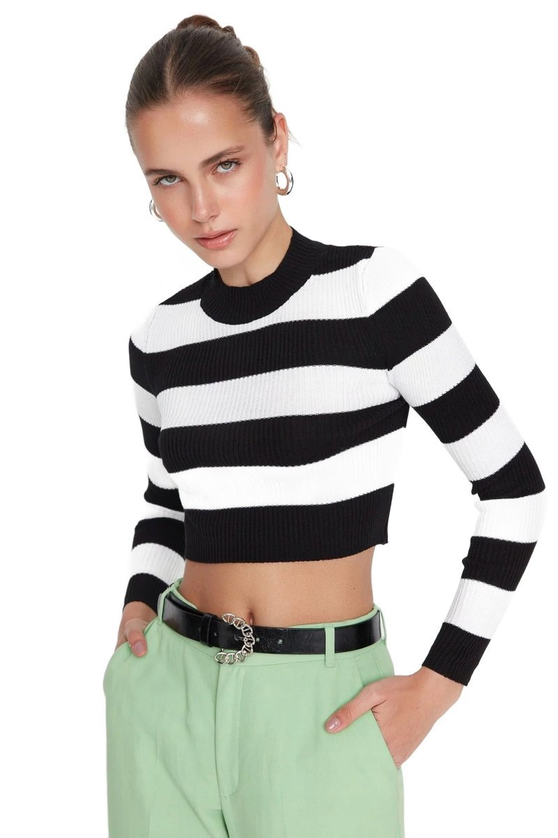 TRENDYOL KRÓTKI SWETER DAMSKI W PASKI Z DŁUGIM RĘKAWEM M 5EA*
