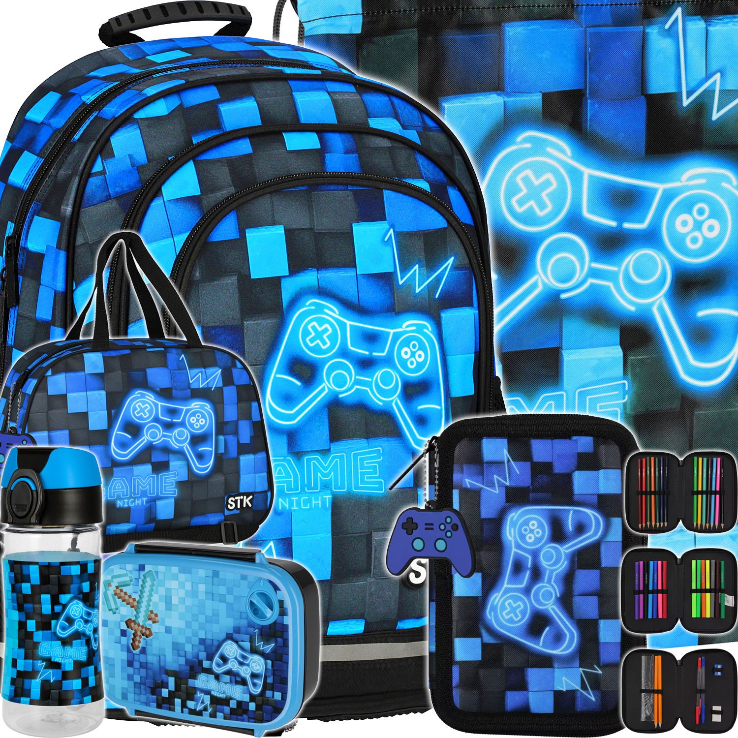 Plecak Szkolny Piksele Niebieskie W Pady Piórnik Trzykomorowy Torba Bidon