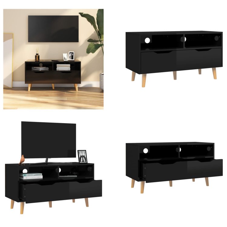 vidaXL Szafka pod TV czarny wysoki połysk 90x40x48,5 cm materiał drewnopochodny - szafka pod TV - szafki pod TV - meble pod TV - szafka pod TV