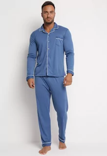 Piżamy męskie - Niebieska Bawełniana Piżama Wykończona Polarem z Guzikami i Kieszeniami oraz Spodniami z Gumką w Pasie Loreekis - grafika 1