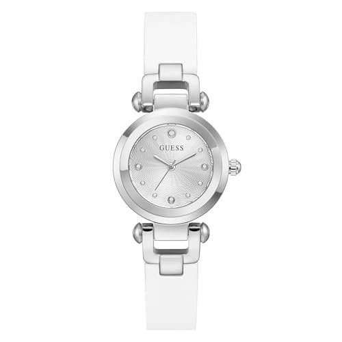 Guess Damski zegarek na rękę GW1020L1, 30 mm stal nierdzewna srebrny, biały cyferblat z wysadzanym kamieniami, kwarc, szkło mineralne hartowane, 3 ATM, skórzany pasek biały