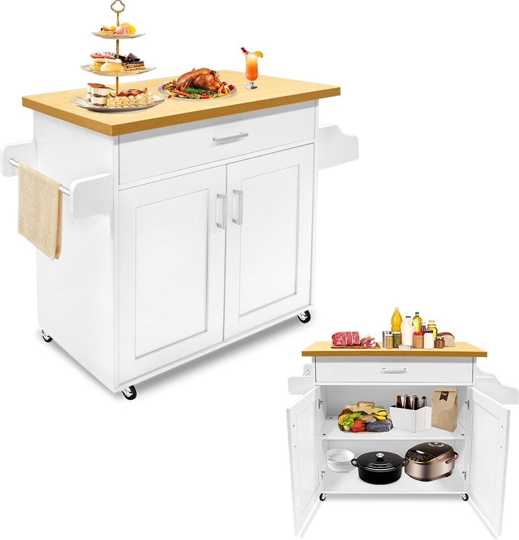Szafka kuchenna z blatem, kółkami i szufladami Wózek kuchenny Zamykany wózek do serwowania z wieszakiem na ręczniki i stojakiem na przyprawy Meble kuchenne, 115x36x90cm CEEDIR
