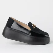 Półbuty damskie - Mokasyny damskie skóra GOODIN GD-LX1073 logo platforma lekkie czarne 37 - miniaturka - grafika 1