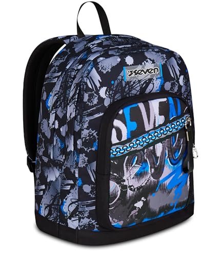 Seven Nowy Fit podwójny plecak, niebieski, kieszeń na butelkę, pojemność maxi, wstępnie uformowane oparcie, plecak szkolny, dla dzieci i chłopców, Niebieska, Taglia unica, nowoczesny