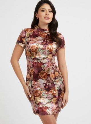GUESS SUKIENKA MINI Z KRÓTKIM RĘKAWEM W KWIATY Z ZAMKIEM 42 G_A