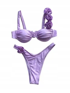 STRÓJ KĄPIELOWY BIKINI DWUCZĘŚCIOWY OZDOBNE KWIATY SEKSOWNY FIOLETOWY L - Stroje kąpielowe - miniaturka - grafika 1