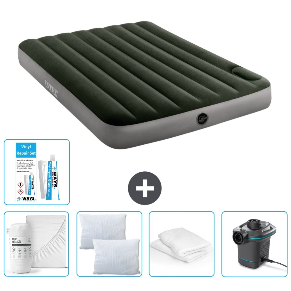 Łóżko powietrzne Intex - Łóżko podwójne - 137 x 191 x 25 cm - Zielony - Prześcieradło - Pompka - Zestaw naprawczy i ochraniacz na poduszkę