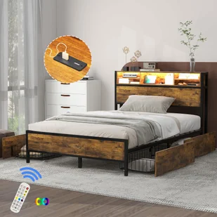 Flieks łóżko podwójne młodzieżowe 140x200cm z USB i LED, łóżko metalowe z 4 szufladami, łóżko do przechowywania z listwową ramą, łóżko klasyczne, brązowe - Łóżka - miniaturka - grafika 1