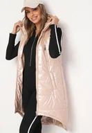 Kamizelki damskie - Beżowa Długa Kamizelka z Kapturem Ozdobiona Imitacją Kieszeni Mavaria - miniaturka - grafika 1