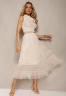 Spódnice - Beżowa Spódnica Ozdobiona Tiulową Siateczką i Falbanami Oslla - miniaturka - grafika 1