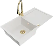 Zlewozmywaki z baterią - Mexen Leo zlewozmywak granitowy 1-komorowy z ociekaczem i baterią kuchenną Elia, biały - 6501-20-670101-50 - miniaturka - grafika 1