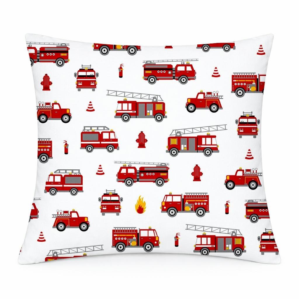 Poszewka bawełniana 40x40 biała w czerwone wozy strażackie, dziecięcy nowoczesny - COTTON HOME KIDS