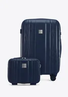 Walizki - Średnia walizka i kosmetyczka z polikarbonu tłoczone granatowe - miniaturka - grafika 1