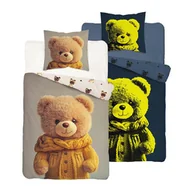 Pościel dla dzieci - Detexpol Pościel dziecięca świecąca w ciemności 160x200 5734A jasna z dużym misiem w żółtym sweterku FluoDream - miniaturka - grafika 1