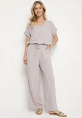 Komplety damskie - Jasnoszary Komplet z Wiskozą Koszulka z Krótkim Rękawem i Luźne Spodnie na Gumce z Kieszniami Efraline - miniaturka - grafika 1