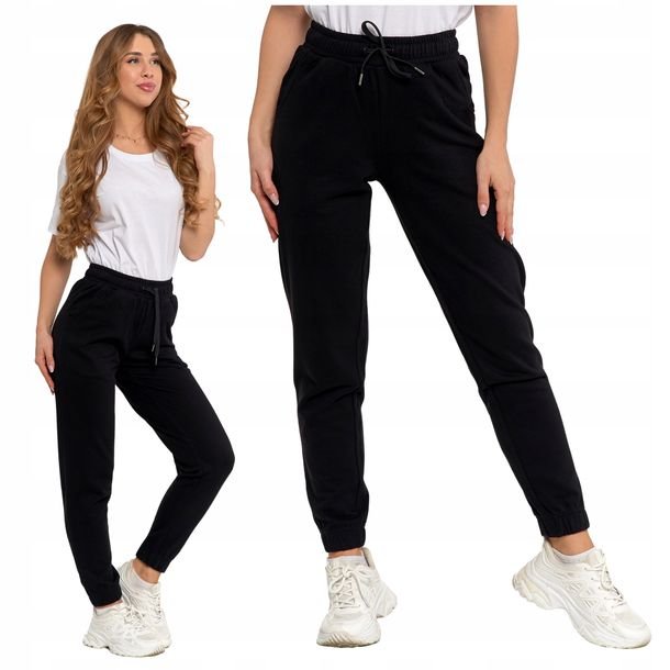 Czarne SPODNIE DAMSKIE Dresowe Gładkie z Kieszeniami i Ściągaczami MORAJ M