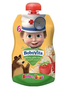 Nutricia BOBOVITA BoboVita Masha & Bear Mus truskawka, jabłko i banan z napojem owsianym, 100g - Kaszki dla dzieci - miniaturka - grafika 1