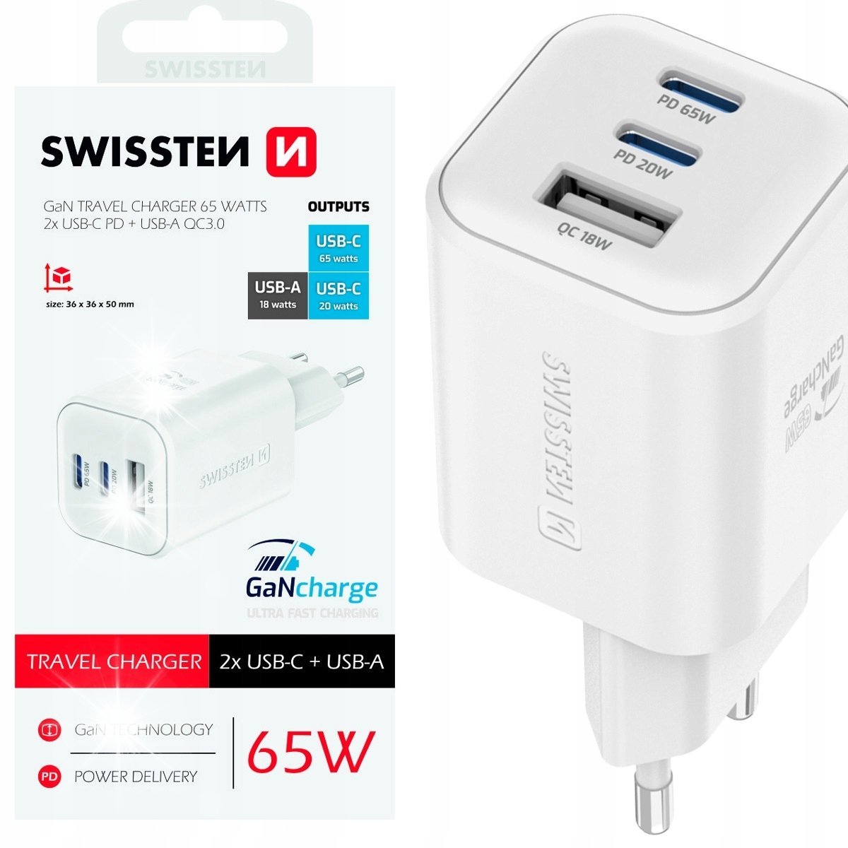 SZYBKA ŁADOWARKA SIECIOWA GaN 65W PD 2x USB-C + 1xUSB-A BIAŁA SWISSTEN