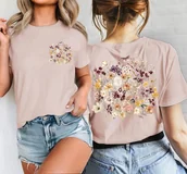 Koszulki i topy damskie - Koszulka damska w kwiaty - kolor koszulki pudrowy róż - wzór kwiaty104 - miniaturka - grafika 1