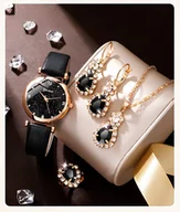 Zestawy biżuterii dla kobiet - CZARNY ZEGAREK DAMSKI Z BIŻUTERIĄ DLA KOBIET MAMY BABCI DZIEWCZYNY ZESTAW NA PREZENT URODZINY ROCZNICĘ - miniaturka - grafika 1