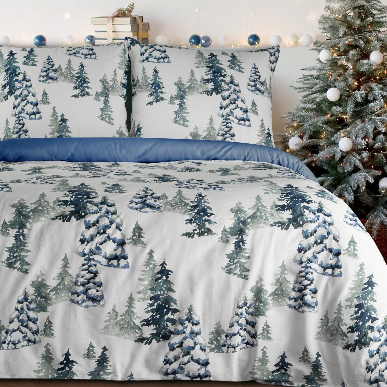 Eurofirany Pościel świąteczna NATAL 220x200 + 2x70x80 biała choinki